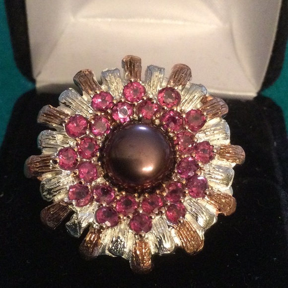Genuine Chocolate Pearl with Rhodolite Garnets in an ArtisticSetting